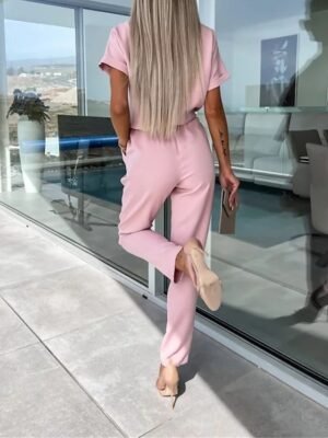 Casual Loose Solid Crew Neck Short Sleeve Jumpsuit - Image 12