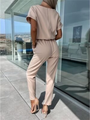 Casual Loose Solid Crew Neck Short Sleeve Jumpsuit - Image 5