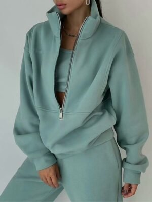 Casual Loose Solid Half Zip Long Sleeve Athleisure Tracksuit - Image 5