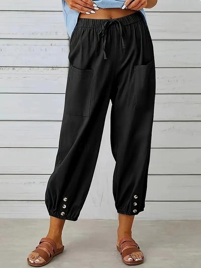 Casual Loose Solid High Waist Knee Length Harem Pants - Image 1