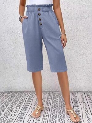 Casual Loose Solid High Waist Knee Length Chinos Shorts - Image 2