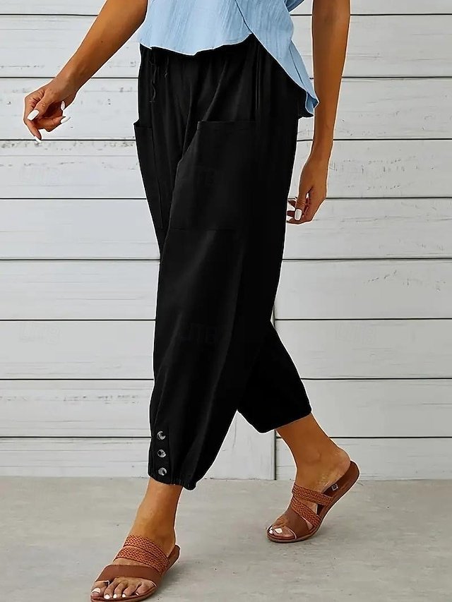 Casual Loose Solid High Waist Knee Length Harem Pants - Image 2