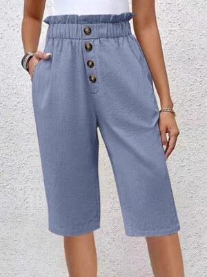 Casual Loose Solid High Waist Knee Length Chinos Shorts - Image 3