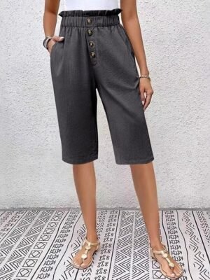 Casual Loose Solid High Waist Knee Length Chinos Shorts - Image 5