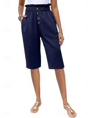 Casual Loose Solid High Waist Knee Length Chinos Shorts - Image 7