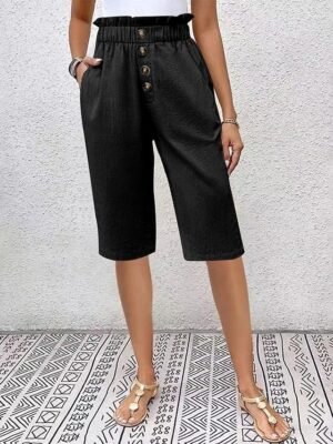 Casual Loose Solid High Waist Knee Length Chinos Shorts - Image 8