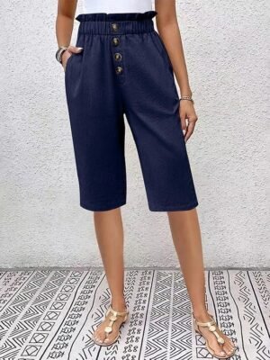 Casual Loose Solid High Waist Knee Length Chinos Shorts - Image 9