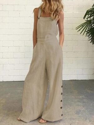 Casual Loose Solid Square Neck Sleeveless Bootcut Dungarees - Image 1