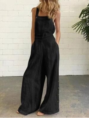 Casual Loose Solid Square Neck Sleeveless Bootcut Dungarees - Image 5