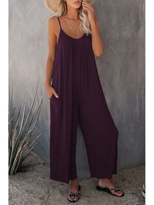 Casual Loose Solid V Neck Spaghetti Strap Wide Leg Jumpsuit - Image 10