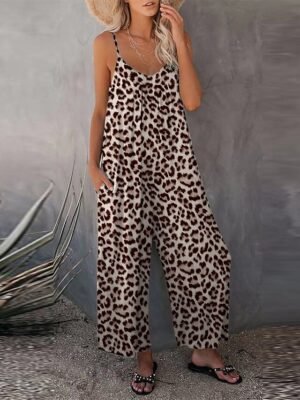 Casual Loose Solid V Neck Spaghetti Strap Wide Leg Jumpsuit - Image 16