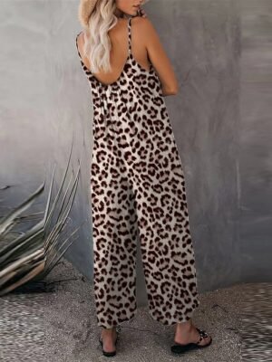 Casual Loose Solid V Neck Spaghetti Strap Wide Leg Jumpsuit - Image 18