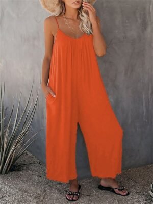 Casual Loose Solid V Neck Spaghetti Strap Wide Leg Jumpsuit - Image 19
