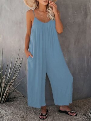Casual Loose Solid V Neck Spaghetti Strap Wide Leg Jumpsuit - Image 20