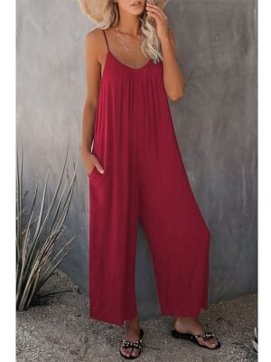 Casual Loose Solid V Neck Spaghetti Strap Wide Leg Jumpsuit - Image 4