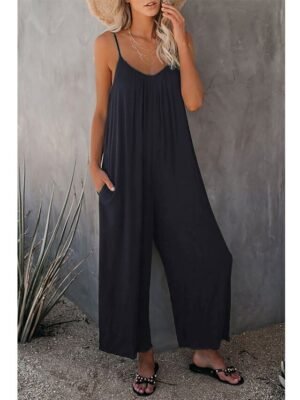 Casual Loose Solid V Neck Spaghetti Strap Wide Leg Jumpsuit - Image 5