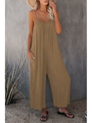 Casual Loose Solid V Neck Spaghetti Strap Wide Leg Jumpsuit - Image 8