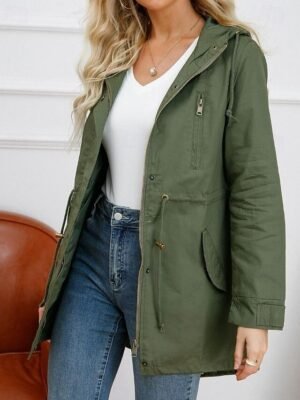 Casual Loose Solid Zip Hoodie Long Sleeve Winter Coat - Image 2