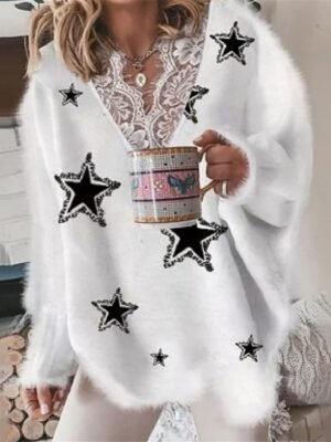Casual Loose Star V Neck Long Sleeve Knit Jumper - Image 1