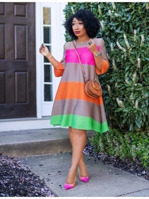 Casual Loose Striped Crew Neck Short Sleeve Midi Dress - Image 1