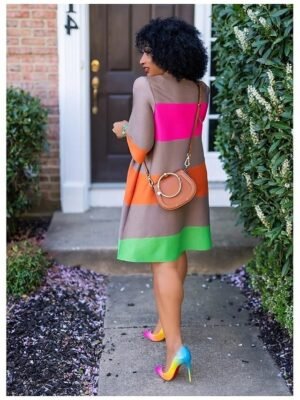 Casual Loose Striped Crew Neck Short Sleeve Midi Dress - Image 3