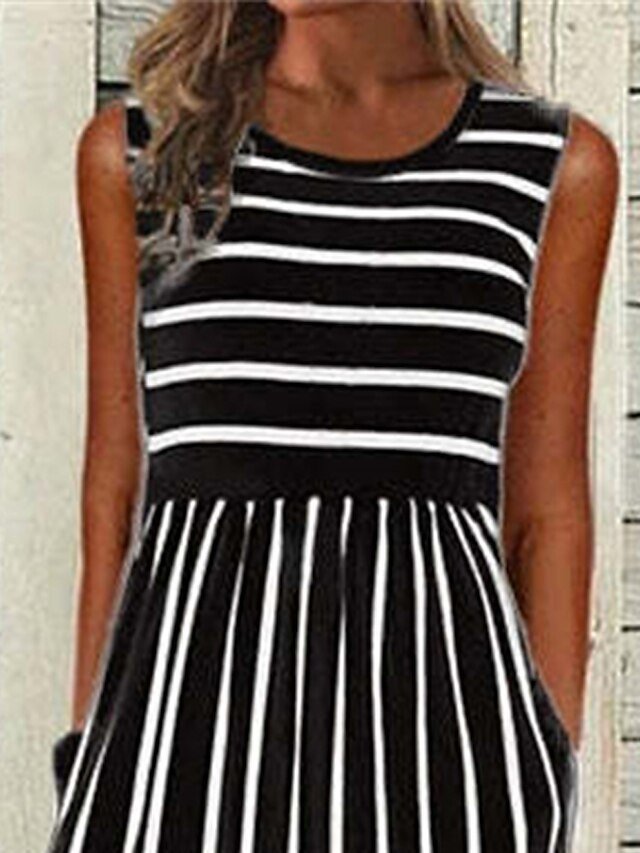 Casual Loose Striped Crew Neck Sleeveless Midi Dress - Image 2