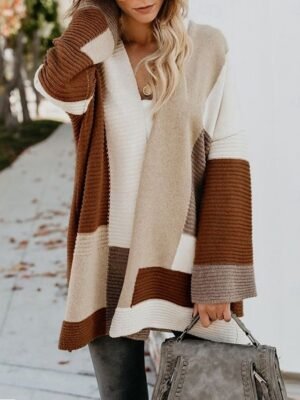 Casual Loose Striped Open Front Long Sleeve Long Cardigan - Image 3