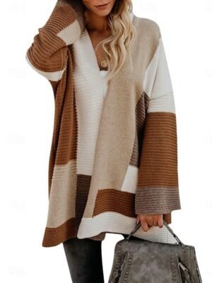 Casual Loose Striped Open Front Long Sleeve Long Cardigan - Image 4