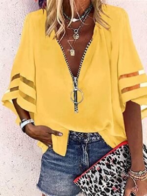 Casual Loose Striped V Neck 3/4 Sleeve Midi Blouse - Image 1