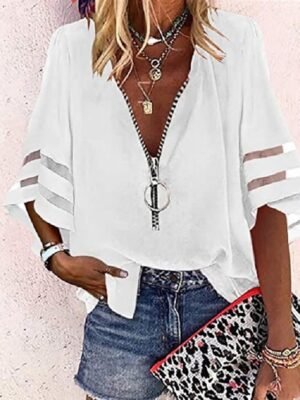 Casual Loose Striped V Neck 3/4 Sleeve Midi Blouse - Image 3