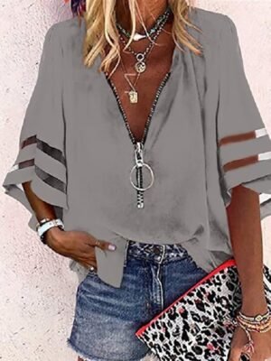 Casual Loose Striped V Neck 3/4 Sleeve Midi Blouse - Image 5