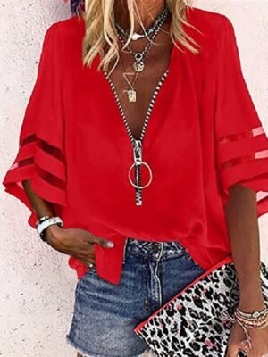 Casual Loose Striped V Neck 3/4 Sleeve Midi Blouse - Image 6