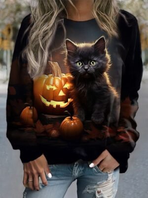 Casual Micro-elastic Pumpkin Round Neck Long Sleeve Top - Image 1