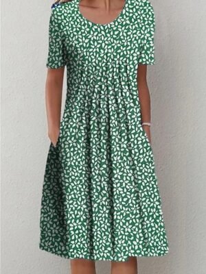 Casual Midi Floral Crew Neck Short Sleeve Dress - Image 9