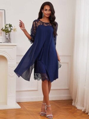 Casual Midi Lace Chiffon Crew Neck 3/4 Sleeve Cocktail Dress - Image 1