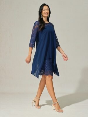Casual Midi Lace Chiffon Crew Neck 3/4 Sleeve Cocktail Dress - Image 10