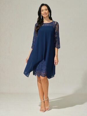 Casual Midi Lace Chiffon Crew Neck 3/4 Sleeve Cocktail Dress - Image 11