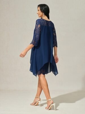 Casual Midi Lace Chiffon Crew Neck 3/4 Sleeve Cocktail Dress - Image 12