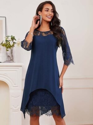 Casual Midi Lace Chiffon Crew Neck 3/4 Sleeve Cocktail Dress - Image 5