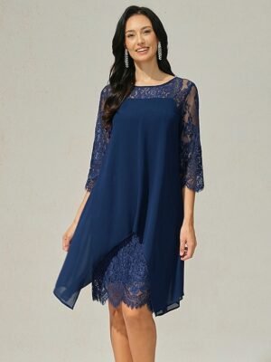 Casual Midi Lace Chiffon Crew Neck 3/4 Sleeve Cocktail Dress - Image 6