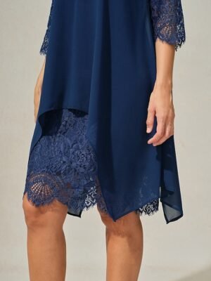 Casual Midi Lace Chiffon Crew Neck 3/4 Sleeve Cocktail Dress - Image 8