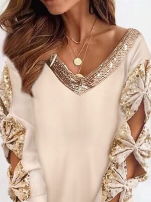 Casual Mini Sequin Patchwork V Neck Long Sleeve Dress - Image 2