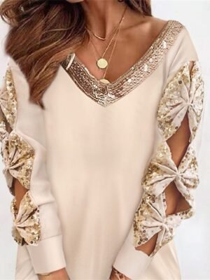 Casual Mini Sequin Patchwork V Neck Long Sleeve Dress - Image 3