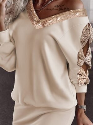 Casual Mini Sequin Patchwork V Neck Long Sleeve Dress - Image 6