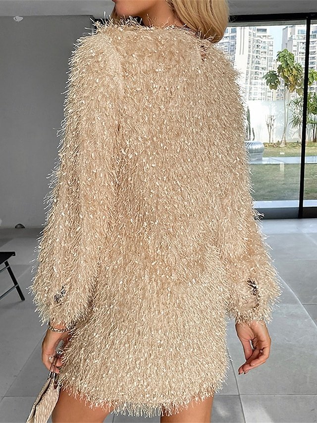 Casual Mini Tassel Fringe Crew Neck Long Sleeve Dress - Image 2