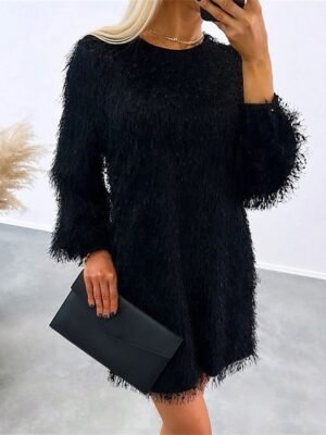 Casual Mini Tassel Fringe Crew Neck Long Sleeve Dress - Image 4