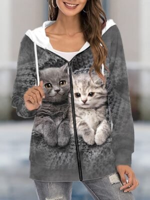 Casual Oversized Cat Print Drawstring Long Sleeve Hoodie - Image 1