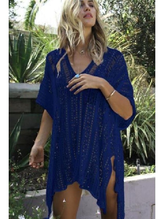 Casual Oversized Crochet Crew Neck Short Sleeve Mini Beach Dress - Image 2