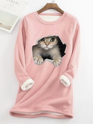 Casual Plus Size Cat Print Round Neck Long Sleeve Teddy Sherpa Fleece Pullover - Image 10