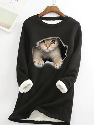 Casual Plus Size Cat Print Round Neck Long Sleeve Teddy Sherpa Fleece Pullover - Image 2